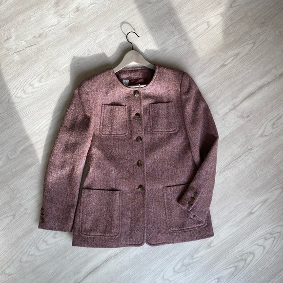 DKNY 100% Wool Jacket Burgundy Houndstooth with Pockets - Picture 9 of 12